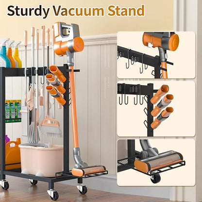 Broom Holder with Cleaning Supplies Organizer Load 350 LBS Cleaning Cart with Wheels Broom Closet Storage with 3-Tier Shelves, 6 Mop Hanger Grippers, 3 Double-Hooks, Vacuum Stand for Laundry Garage
