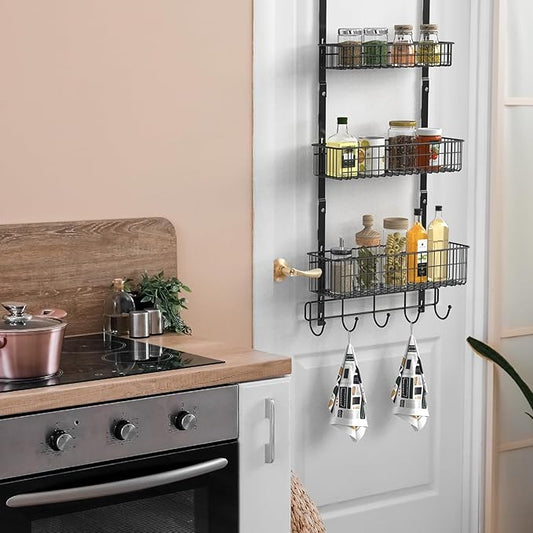 YBING Over The Door Organizer with Hooks 3 Tier Back Towel Hanger Baskets Metal Behind Hanging Storage Shelf Pantry Racks for Bedroom Bathroom Black, R01-R984