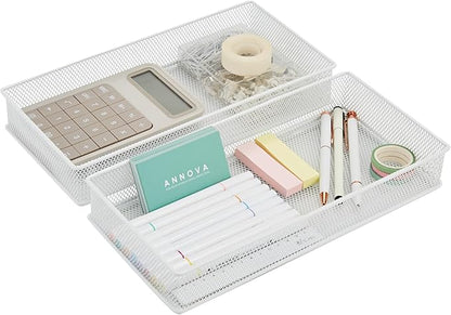 Annova Mesh Stackable Drawer Cabinet and Shelf Organizer Bins Storage Basket School Office Supply Holder Tray- Set of 2 (White, 6x12x2 Inch)