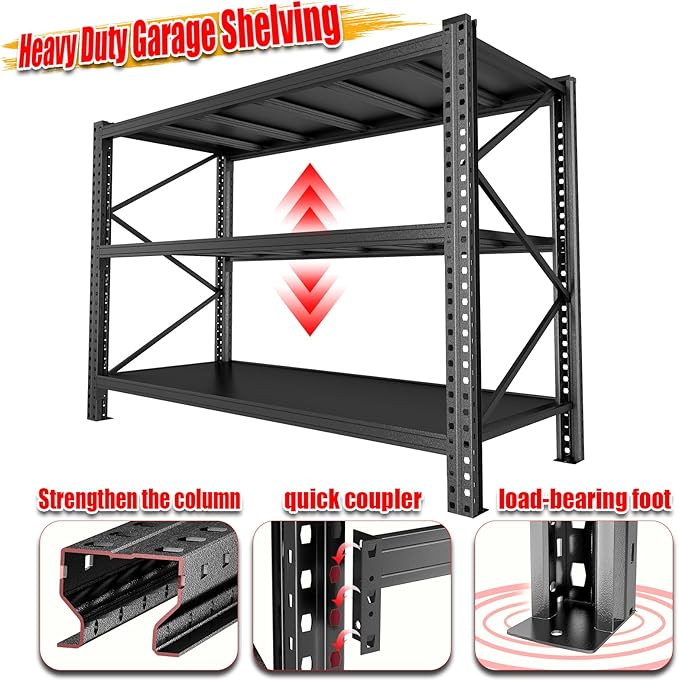 Heavy Duty Metal Garage Shelving Unit, 3-Tier Adjustable Storage Shelves, 3000LBS for Garage & Basement, Kitchen and Pantry Industrial Steel Rack, Ideal for Tool Organization & Storage, Black, 51"W