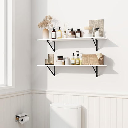Fun Memories Deep Floating Shelves for Wall, 36W x 8D Wall Mounted Shelves Set of 2, Wide Display Ledge Shelf with Sturdy Metal Brackets for Living Room, Bathroom, Bedroom and Kitchen, White