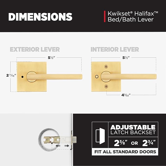 Kwikset Halifax Interior Privacy Door Handle with Lock, Door Lever for Bathroom and Bedroom, Satin Brass Reversible Keyless Push Button Lock Door Lever, with Microban Protection