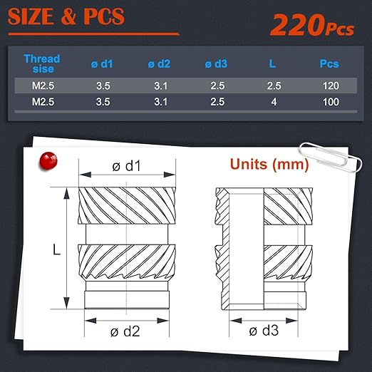 220Pcs M2.5 Threaded Inserts, M2.5 Female Thread Metric Knurled Nuts Assortment Kit, Brass Heat Set Insert for Plastic and 3D Printing Components (M2.5x2.5x3.5, M2.5x4x3.5)