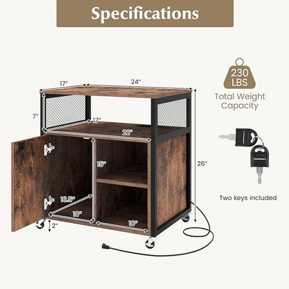 Giantex File Cabinet, Lateral Filing Cabinet with Lock, Wheels, Charging Station, Cable Hole, Lockable Side Cabinet, Adjustable Shelves, Metal Frame, Printer Stand for Home Office Small Space (Brown)