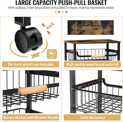 5-Tier Rolling Utility Cart, Kitchen Storage Cart with Wheels, Large Capacity Utility Cart with Wooden Tabletop & Mesh Baskets for Kitchen, Bathroom, Laundry Room