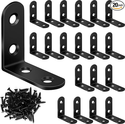 20PCS Black L Brackets, Stainless Steel Corner Brace for Wood & Metal, L Bracket Corner Brace with 80 Screws, Right Angle Bracket for Furniture Cabinet Drawer Shelves Chair (1.57 x 1.57 in)