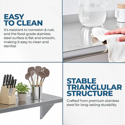 Stainless Steel Wall Shelf | Square Edge Commercial Wall-Mounted Shelf | Heavy Duty Metal Shelving | NSF Certified (18" Deep x 72" Wide)