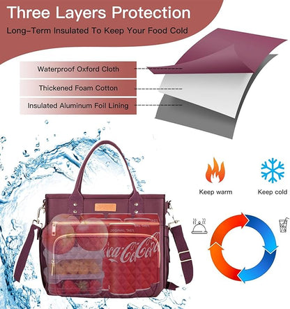 EASYA Large Lunch Bags for Work Insulated/Insulated Adult Lunch Box for Women/Durable Nylon Thermal Lunch Bag for Women/Leakproof Cooler Lunch Tote Bag with Storage Pocket (Burgundy Red)