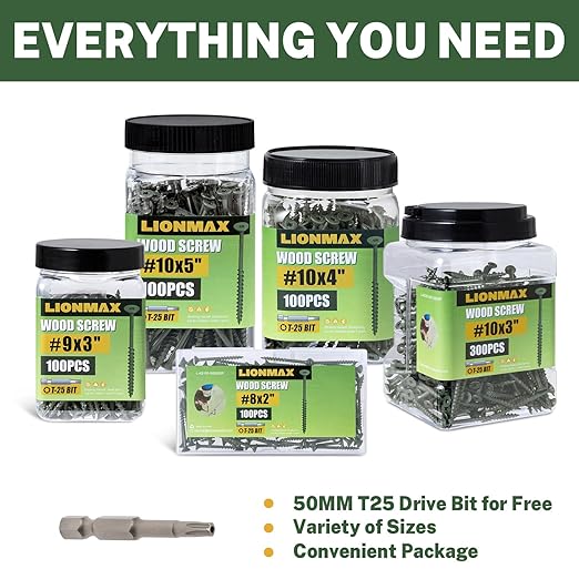 LIONMAX Deck Screws 4 Inch, Wood Screws #10 x 4, 100 PCS, Rust Resistant, Exterior Epoxy Coated, Outdoor Decking Screws, Torx/Star Drive Head Screw, T25 Star Bit Included, Green