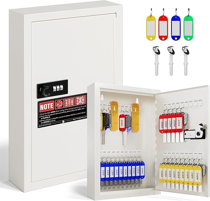 Grimtron Key Lock Box for Keys with Code, Key Box Wall Mount Cabinet, Resettable Combination Lock, 40 Keys, Beige