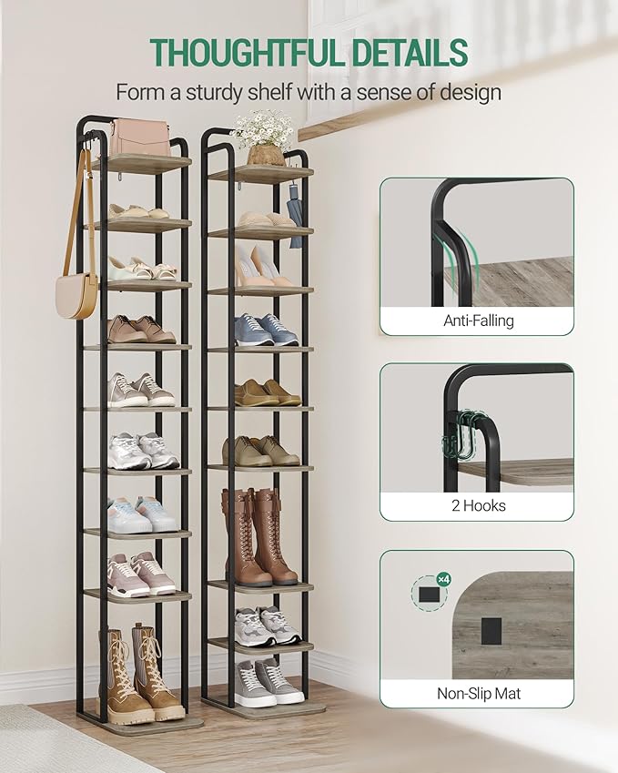 10 Tiers Vertical Shoe Rack, Narrow Shoe Tower, Tall Shoes Shelf with 2 Hooks, Adjustable Shelves, Corner Shoes Shelves for Small Spaces, Entryway, Living Room, Greige SR11205B
