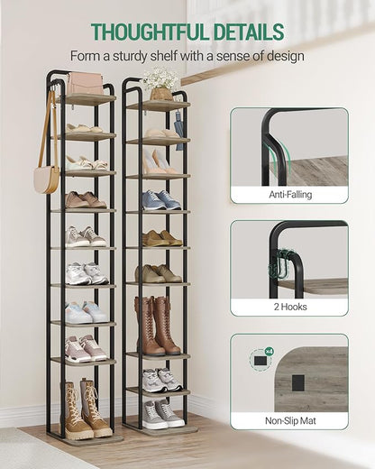 10 Tiers Vertical Shoe Rack, Narrow Shoe Tower, Tall Shoes Shelf with 2 Hooks, Adjustable Shelves, Corner Shoes Shelves for Small Spaces, Entryway, Living Room, Greige SR11205B