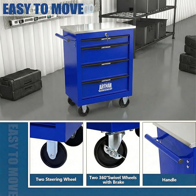 4-Drawer Rolling Tool Chest with Stainless Steel Countertop,Tool Chest with Secure Locking System,Mobile Storage Tool Cabinet with 360°Wheels and Padded Feet,for Home,Garage (Blue)