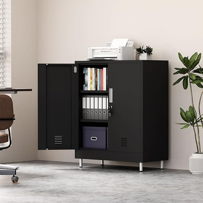 Metal Storage Cabinet with Locking Doors and 2 Adjustable Shelves, Lockable Storage Cabinet for Home Office Garage Pantry Living Room (Black)