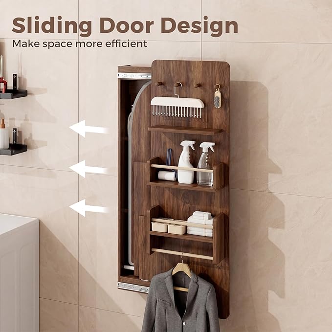 Wall Mounted Ironing Board Cabinet with Storage, Foldable Wall Ironing Board with Sliding Door, Wall Mount Space Saving Ironing Station for Laundry Room, Living Room, Entrance (Walnut)