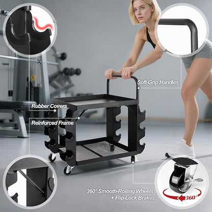 All-in-One Home Gym Storage Cart with Wheels and Handle, 2-Tier Heavy Duty Adjustable Weight Rack for Small Dumbbells, Kettlebells,Yoga Mats, Fitness Gear