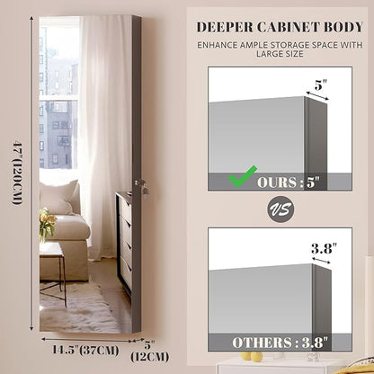 Vlsrka 47.2" LED Grey Jewelry Mirror Cabinet, Wall/Door Mounted Jewelry Armoire Organizer with Full-Length Mirror, Large Capacity Storage Hanging Cabinet, 4 Drawers, 5 Shelves