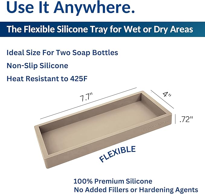 Countertop and Vanity Tray - Small 7.7” Silicone Tray for Soap Dispenser Bottles, Bathroom Trays, Kitchen Sink Trays, Sink Caddy Kitchen Sinks Organizer, Soap Dish & Sponge Holder Mat