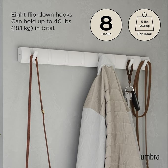 Umbra Flip Wall-Mounted Coat Rack with 8 Hooks – Modern, Space-Saving Storage for Hats, Jackets, Bags, Entryway, Mudroom, Closet, Bathroom, Bedroom – White/White