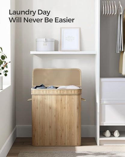 SONGMICS Laundry Hamper with Lid, Bamboo Laundry Basket, Removable Machine Washable Laundry Basket, with Handles, 26.4-Gallons, for Laundry Room, Bedroom, Bathroom, Natural Beige ULCB063N01