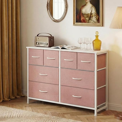 DUMOS TV Stand, Dresser with 8 Fabric Drawers, Spacious Storage Tower for Closet, TV Stand with Wood Top and Mental Frame, Storage Unit for Living Rooms, Bedroom and Entryway, Pink