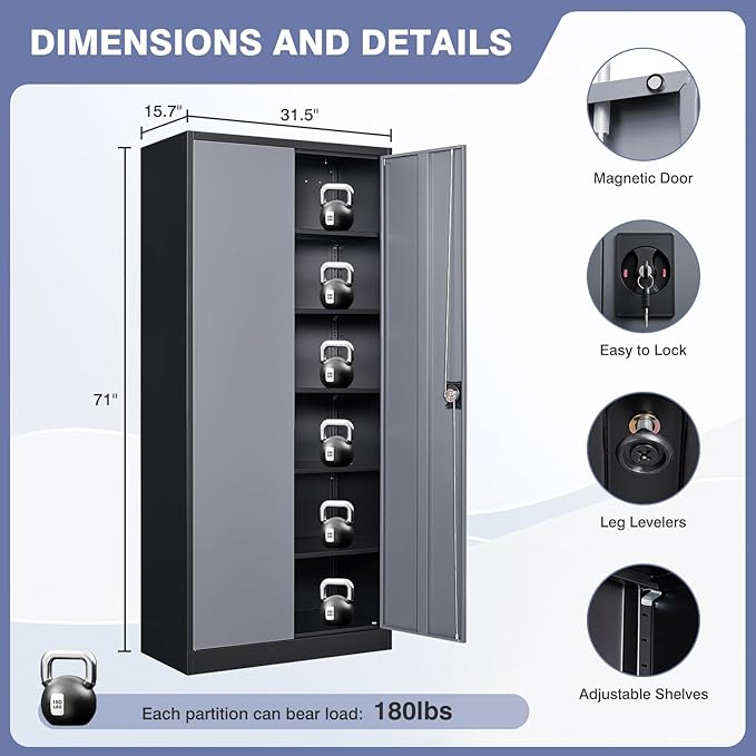 Metal Garage Storage Cabinet,71" H Tall Tool Cabinet with 2 Doors and 5 Adjustbale Shelves,Lockable Tool Cabinet for Garage,Basement,Home Office