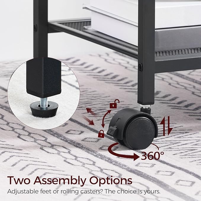 Printer Stand with Storage Bag, 3-Tier Mobile Under Desk Printer Cart with Wheels, Wooden Rolling Printer Table, Organizer Shelf for Study, Office, Living Room, Black PTHB2201