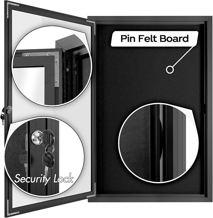 INNOVART Enclosed Bulletin Board 36” x 24”, Lockable Fabric Noticeboard with Aluminum Frame, Wall Display Case with Swing-Open Door Black Felt, Information Cabinet for School, Office, Commercial, etc