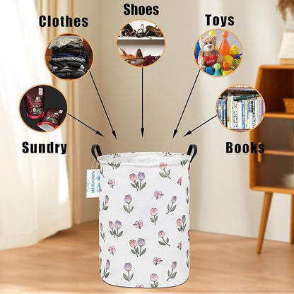 LANGYASHAN Laundry Basket Canvas Fabric Collapsible Organizer Basket for Storage Bin Toy Bins Gift Baskets Bedroom Clothes Children Nursery Hamper (Tulip)