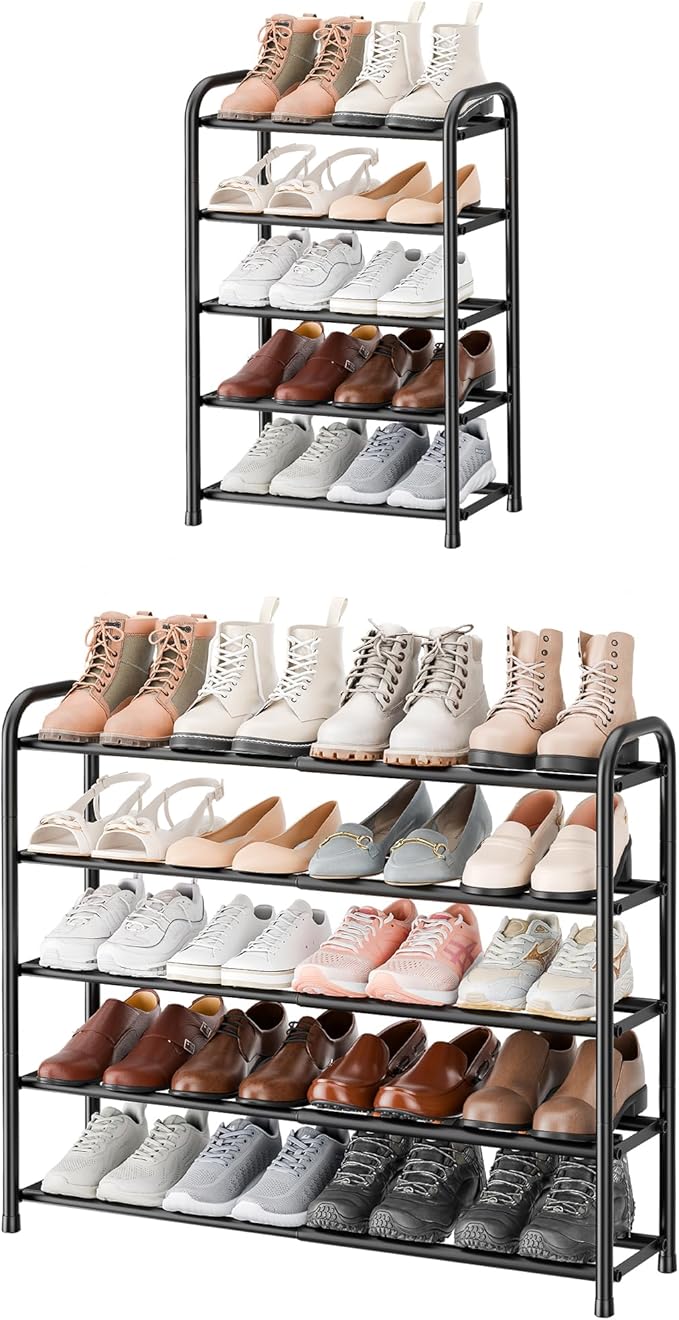 ENJOYBASICS Expandable Shoe Rack, 32.8'' Wide - 5 Tier Adjustable Shoe Organizer Shelf for Closet, 20 Pairs Black Metal Free Standing Shoe Rack Storage for Garage, Entryway