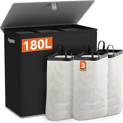 WOWLIVE Laundry Hamper with Lid,180L Large Laundry Basket 3 Section with Removable Washing Bags,Collapsible Waterproof Dirty Clothes Hamper for Laundry Room Bathroom Dorm,Black
