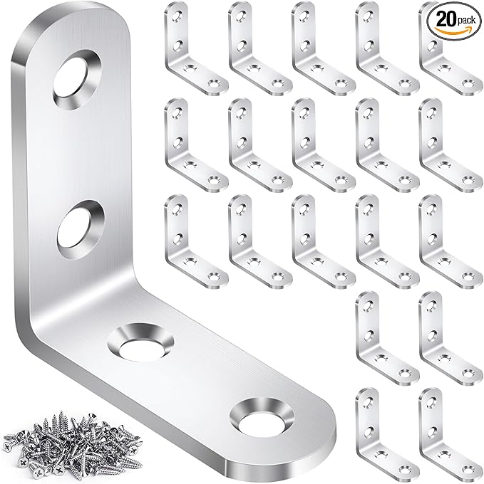 20PCS L Bracket Corner Brace Sets, Stainless Steel L Brackets for Wood Shelves, 90 Degree Right Angle Bracket with 80 Screws, Metal Corner Brackets for Furniture Cabinet Drawer Chair (1.57x1.57 in)