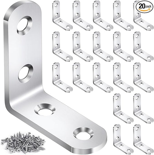 20PCS L Bracket Corner Brace Sets, Stainless Steel L Brackets for Wood Shelves, 90 Degree Right Angle Bracket with 80 Screws, Metal Corner Brackets for Furniture Cabinet Drawer Chair (1.57x1.57 in)