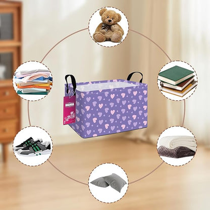 Rectangular Storage Basket Fabric Organizer Bin for Toys,Books,Clothes,Gifts,Pets-Perfect for Home,Office,Nursery,Dorm,Shelf(Rec-Purple hearts)