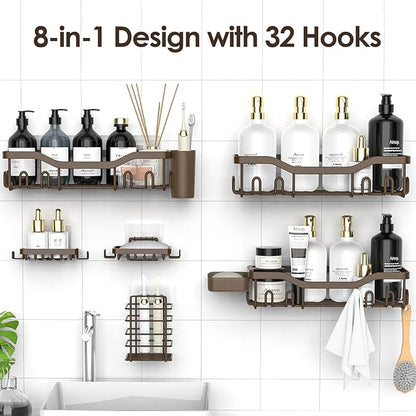 Shower Caddy Adhesive Shower Organizer 8-Pack, Rustproof Stainless Steel Bathroom Shelves, Large Capacity No-Drill Rack Storage Accessories with Soap Dish Toothbrush Holder Hooks