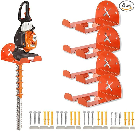 Upgraded Trimmer Rack Wall Mount - 8" Heavy Duty Weed Eater Hanger for Garage Wall, Garden Power Tool Holder Organizer Hooks for Grass Trimmer, Hedge Trimmer, Leaf Blower and Chainsaw, Orange, 4 Pack