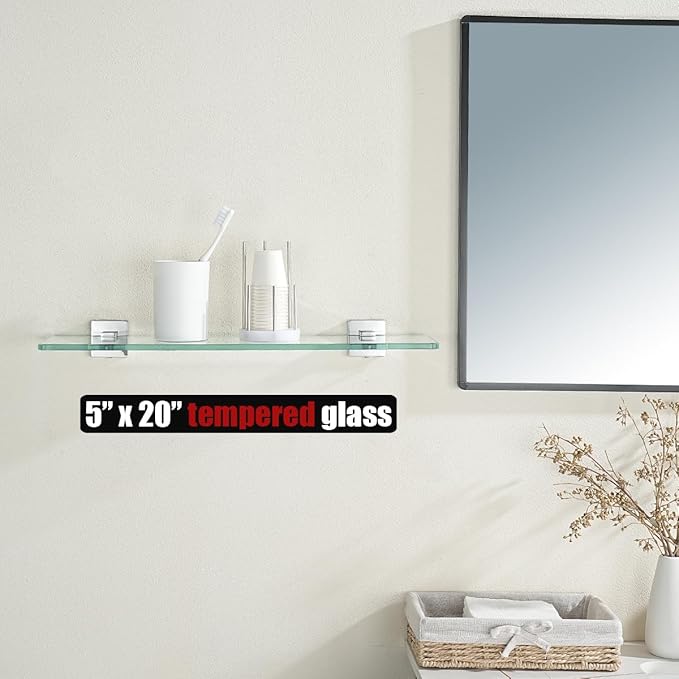JQK Bathroom Glass Shelf, Floating Tempered Glass Shower Storage 24 by 5 inches, 304 Stainless Steel Polished Chrome Wall Mount, TGS201L24-CH