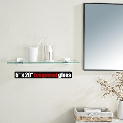 JQK Bathroom Glass Shelf, Floating Tempered Glass Shower Storage 24 by 5 inches, 304 Stainless Steel Polished Chrome Wall Mount, TGS201L24-CH