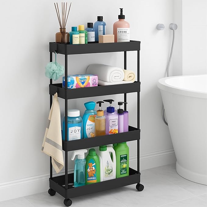 ShellKingdom 4 Tier Bathroom Storage Organizer, Slim Rolling Storage Cart for Narrow Space, Mobile Shelving Unit with Lockable Wheels and Hooks for Bathroom, Kitchen, Laundry Movable Shelf (Black)