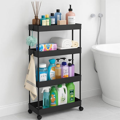 ShellKingdom 4 Tier Bathroom Storage Organizer, Slim Rolling Storage Cart for Narrow Space, Mobile Shelving Unit with Lockable Wheels and Hooks for Bathroom, Kitchen, Laundry Movable Shelf (Black)