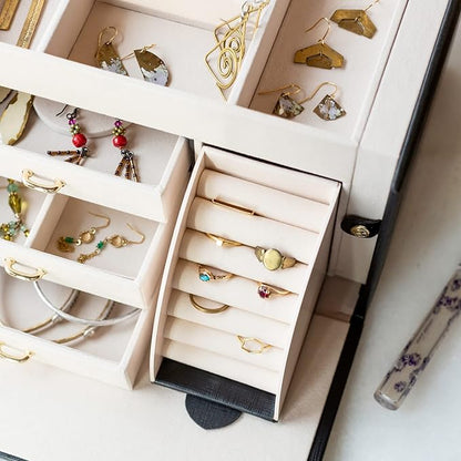 Vlando Jewelry Box Organizer for Girls Women, Large Baroque Jewelry Holder Organizer with Mirror, 3 Drawers for Bracelets, Earrings, Rings, Necklaces, Mothers Day Gifts for Loved One, Black