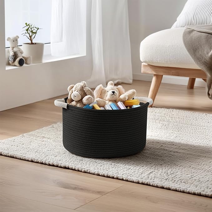 Woven Dog Toy Basket, 15.7"x11"x8" Cotton Rope Dog Toy Bin Box for Living Room, Decorative Cat Pet Supplies Puppy Bin with Handles, Soft Cat Toy Basket Organizer, Wicker Storage Holder, Black