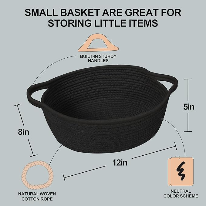 Small Woven Gift Basket, Baskets for Gifts Empty, Cotton Rope Cat Dog Toy Bin Box, Nursery Baby Organizer, Wicker Easter Basket with Handle, Shelf Storage Bin for Decor, Black, 12"x 8"x 5"