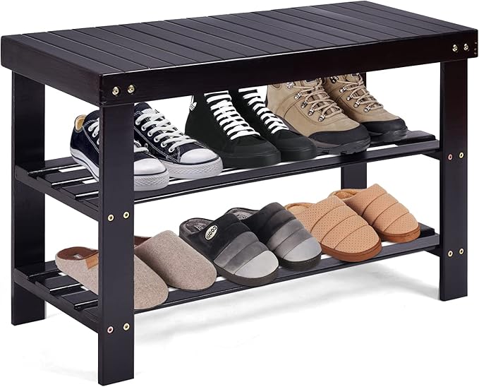 COSTWAY 3-Tier Shoe Rack Bench, Free Standing Wood Entryway Shoe Storage Organizer, Bamboo Storage Shelf for Shoes,Ideal for Home Entryway, Hallway