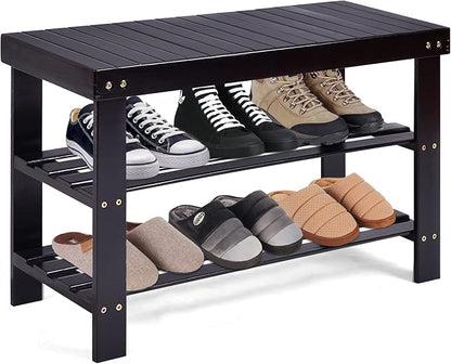 COSTWAY 3-Tier Shoe Rack Bench, Free Standing Wood Entryway Shoe Storage Organizer, Bamboo Storage Shelf for Shoes,Ideal for Home Entryway, Hallway