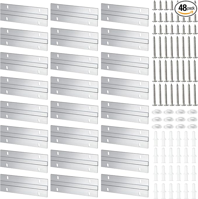 48 Pack French Cleat Hanger Headboard Wall Mounting Brackets Cleat Picture Hanger Kit Z Bar Supports with Plastic Expansion Tube Screws Silicone Dots for Picture Mirror Whiteboard (6 Inch)