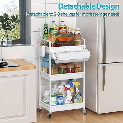 SPACEKEEPER Rolling Storage Cart, 3 Tier Utility Cart Laundry Room Organization Mobile Shelving Unit Bathroom Organizer with Towel Rack, Lockable Wheel, Hooks & Cup for Kitchen Office, White