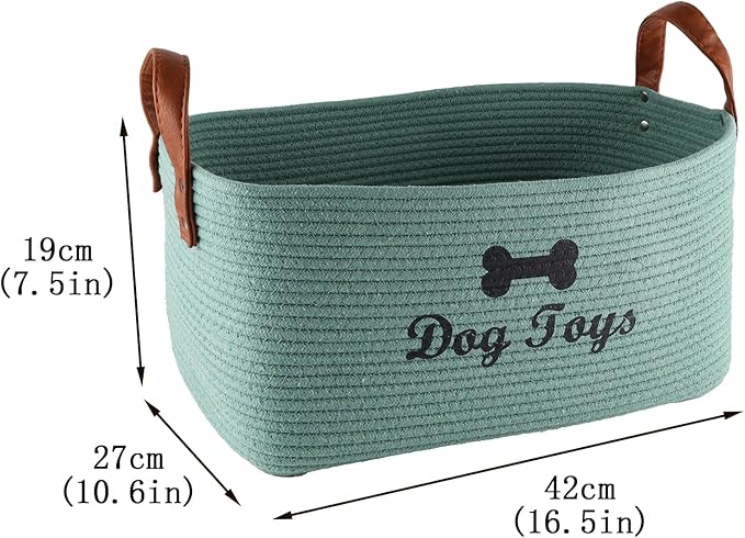 Geyecete X-Large Cotton Rope Dog Basket with Leather handle Blanket Storage Basket Decorative Clothes Hamper Basket | Extra Large Baskets for Blankets or Laundry-Geen