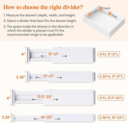Lifewit 5 Pack 4" High Drawer Dividers 28-43.5cm/11-17" Adjustable Drawer Organizer for Clothes/Utensils, Expandable Drawer Separator in Dresser/Kitchen/Bedroom/Office Organization & Storage White