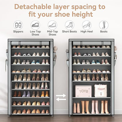 Shoe Rack with Covers 10 Tier Tall Shoe Rack Organizer Large Capacity Shoe Shelf Storage 40 Pairs Space Saving Free Standing Shoe Storage Organizer for Closet, Entryway, Dorm, Grey